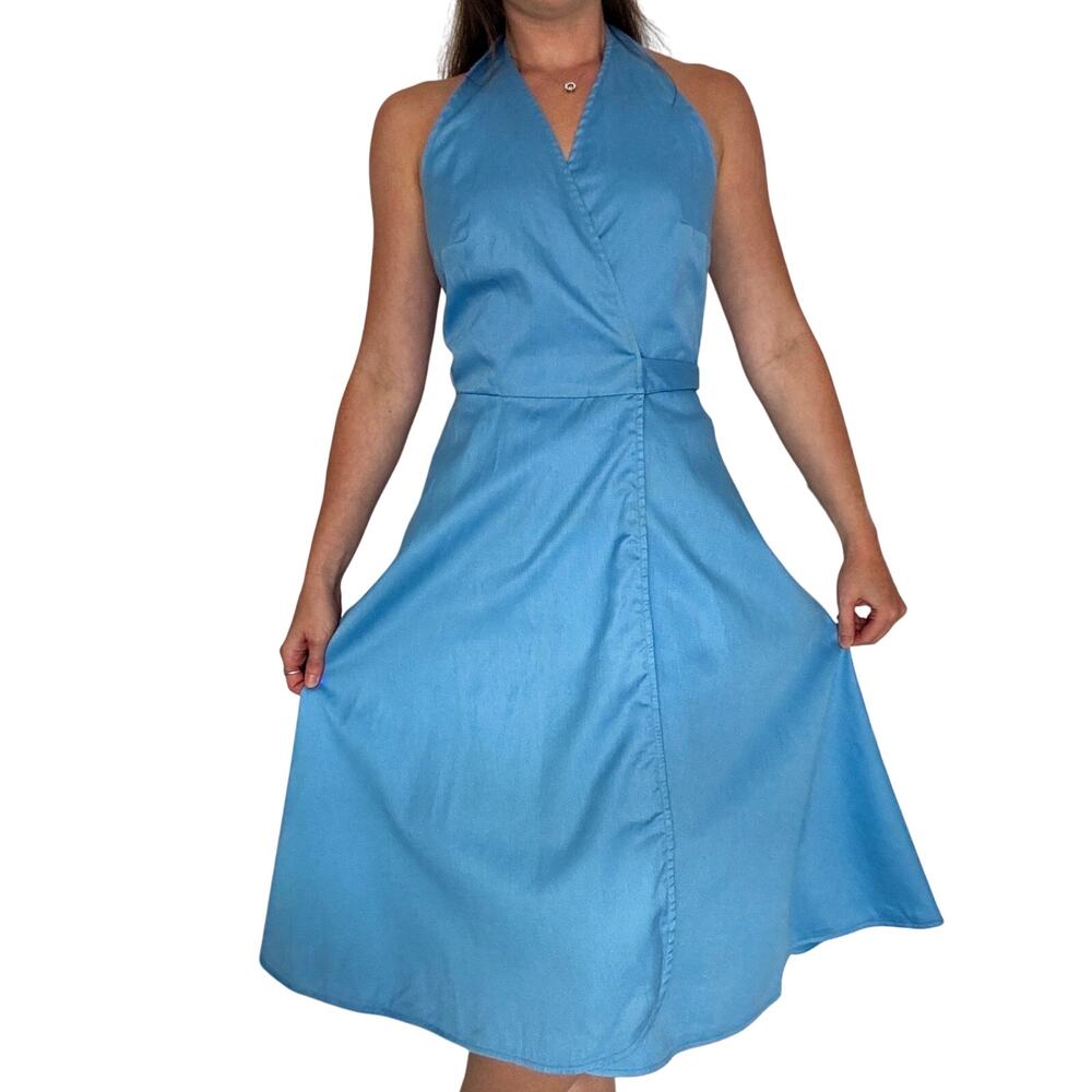 Vintage 1970s Wrap Dress Ellen Tracy Bonwit Teller Blue Cotton Fit & Flare - Picture 13 of 13
